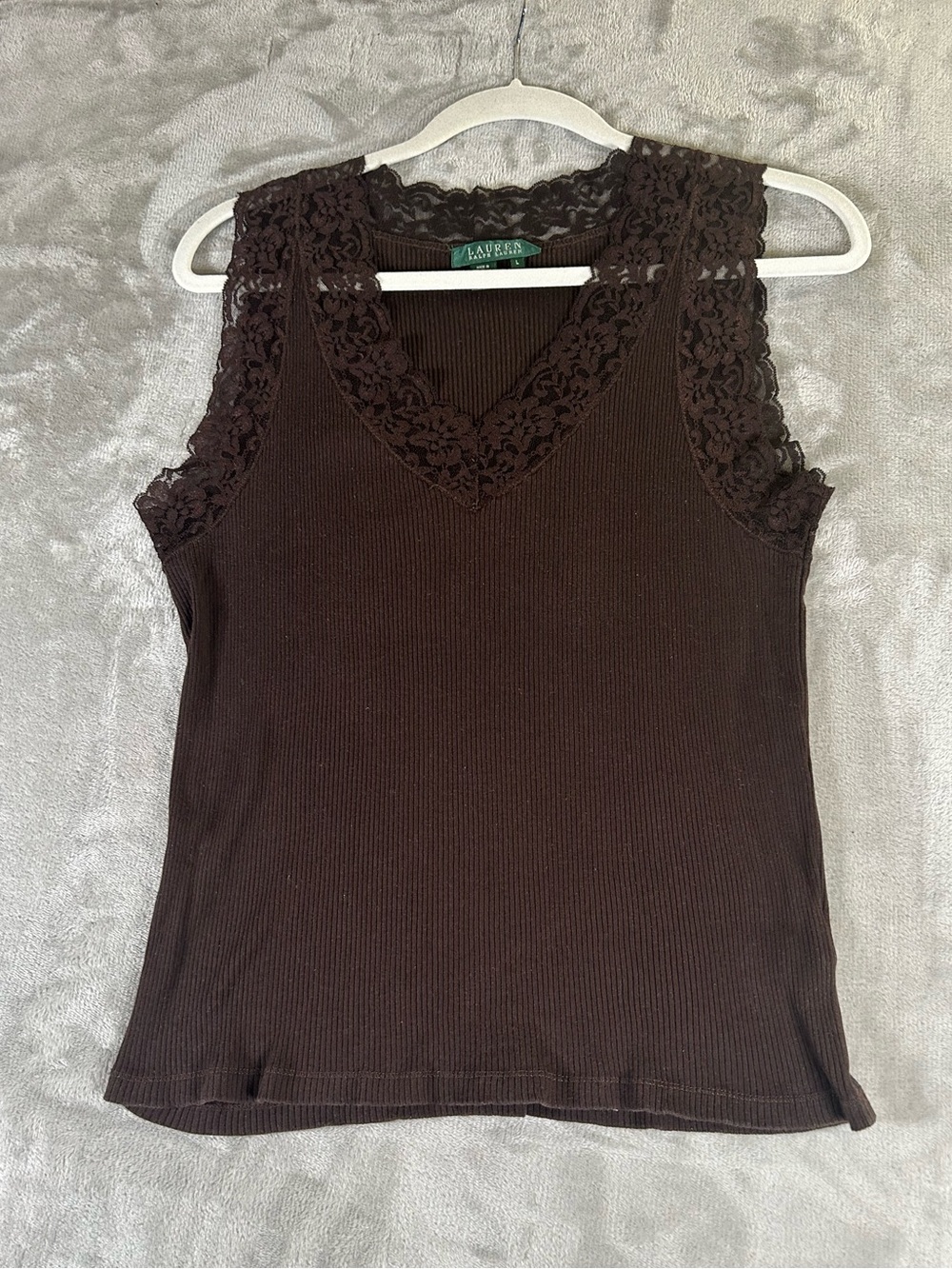 Ralph Lauren Dark Brown Lace-Trim Sleeveless Ribbed Top